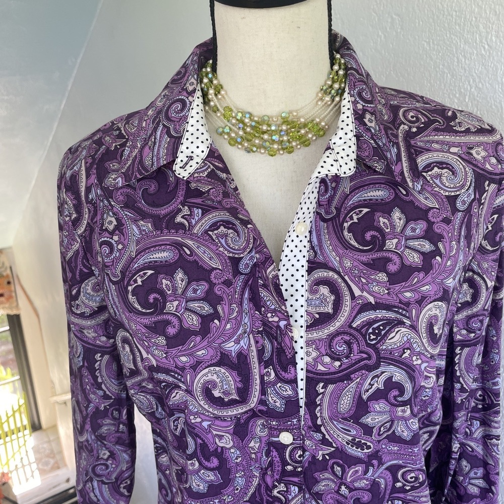 IZOD Lacoste Alligator Purple Paisley Button Up Blouse Shirt Top Size M - Picture 3 of 9